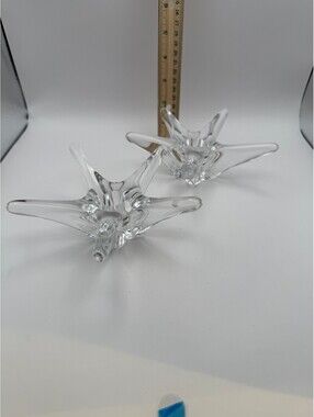 Daum France Crystal Star Candle Holders Pair Signed Art Glass Taper Holders